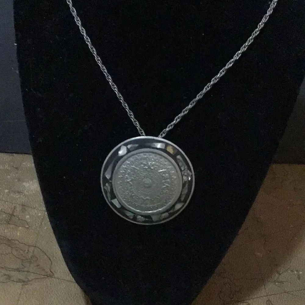 Necklace or brooch sterling silver with large Mayen calendar disk on 24 inch cha